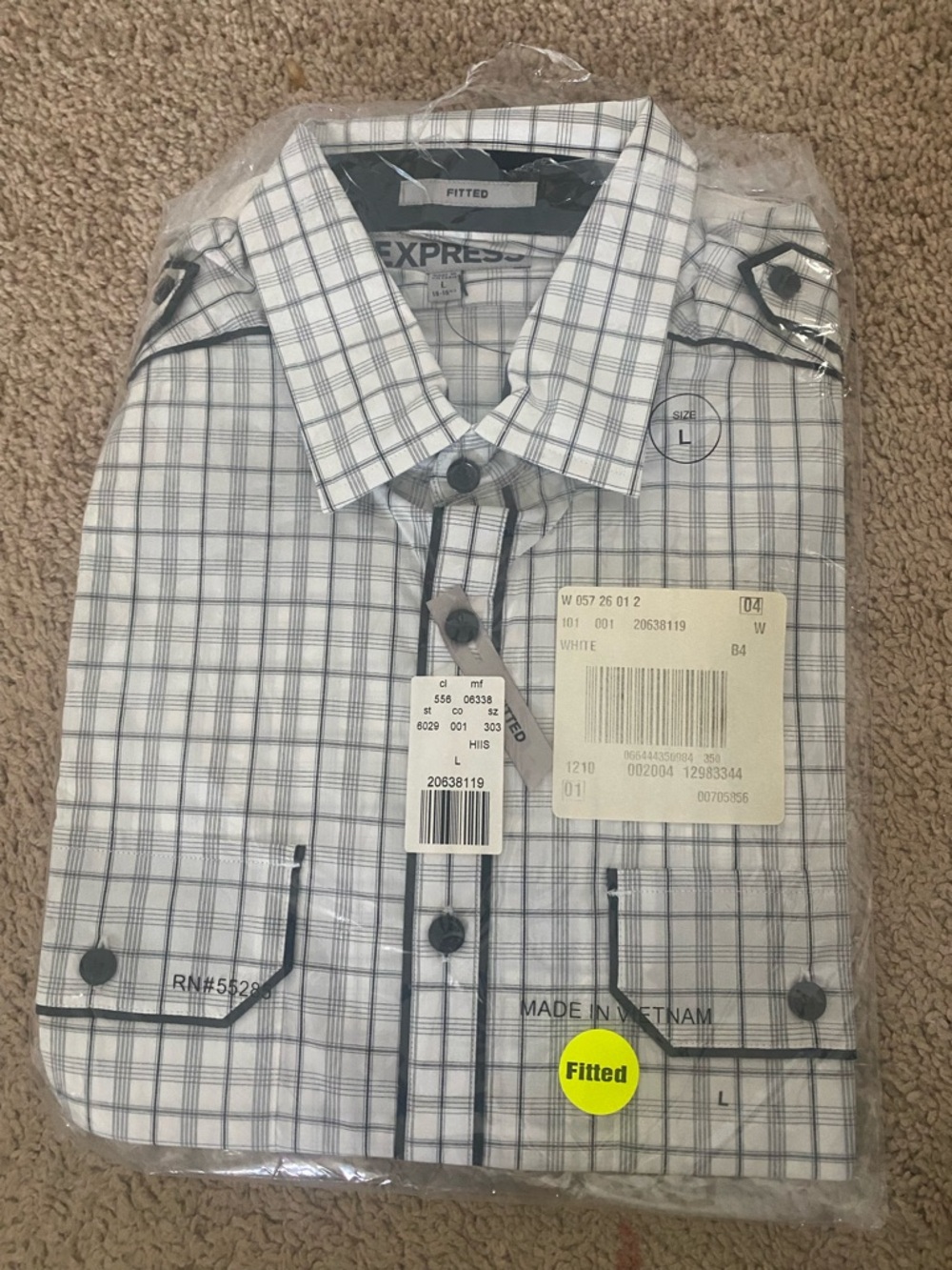 Express MK2 Men’s White and Black Plaid Fitted Button-Down Long Sleeve Shirt